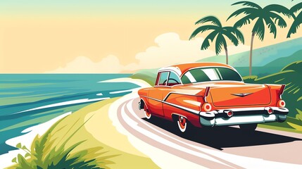 A classic car drives along a coastal road with palm trees and the ocean in the background.