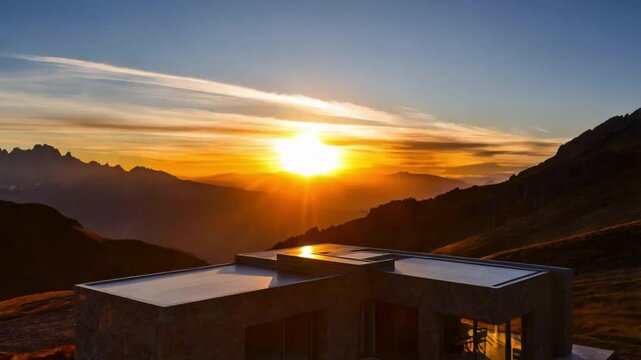 Modern home at mountains time-laps sunrise view