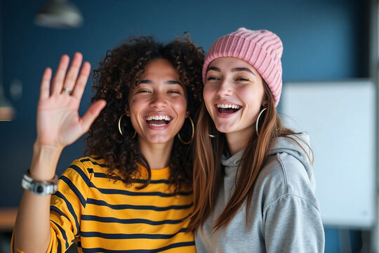 two young women smiling laughing taking selfie different clothing accessories