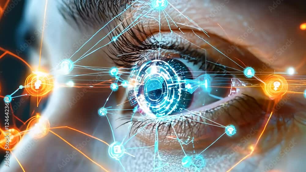 Poster a high-tech biometric security concept featuring a close-up of a human eye with digital overlays, re