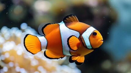 Vibrant clownfish swimming gracefully among colorful coral in a lively underwater scene