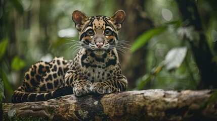 Obraz premium Playful ocelot resting on a fallen log in a lush rainforest, surrounded by vibrant green foliage