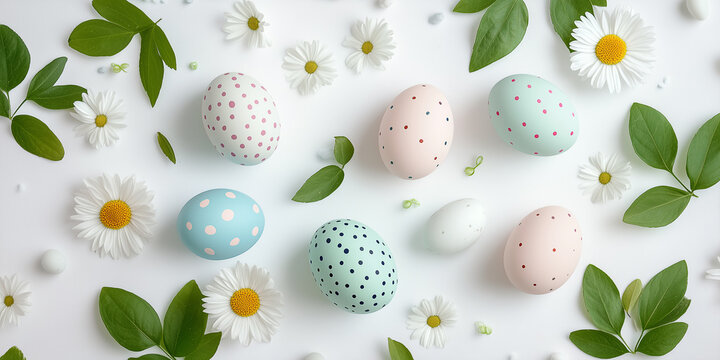 Eine helle, frische Fr&uuml;hlingsszene mit bunten Ostereiern, umgeben von weichen wei&szlig;en G&auml;nsebl&uuml;mchen und gr&uuml;nen Bl&auml;ttern auf einen wei&szlig;en Hintergrund Osterkarte Ostern Frohe Ostern