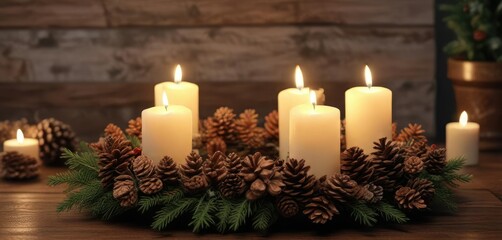 Rustic wooden Advent wreath with lit candles and pinecones , advent wreath, festive