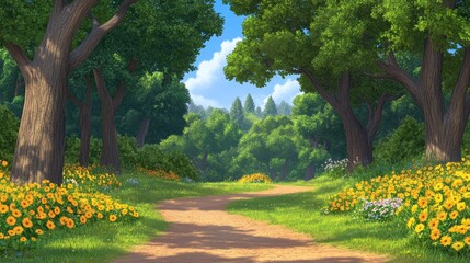 Sunny Path Through Vibrant Flowery Forest