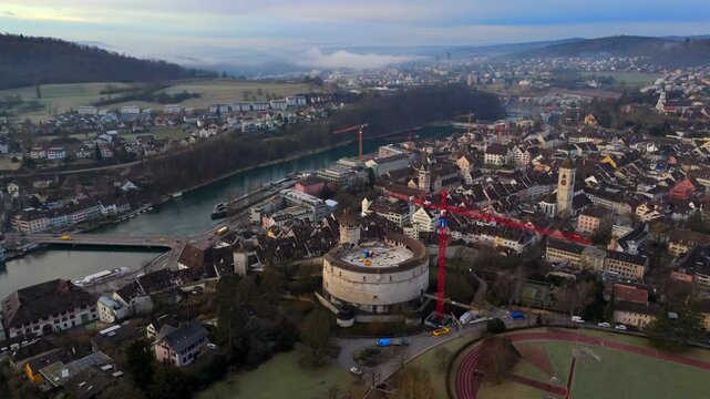 Fort Munot, Schaffhausen, Switzerland aerial view in winter warm weather at dawn. Munot ist Zirkularfestung im Zentrum schweizerischen Stadt Schaffhausen auf Emmersberg in der Schweiz Luftaufnahme. 