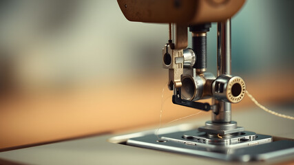 Fototapeta premium Vintage sewing machine with thread on blurred background, macro view, close up. Space for text. Generative AI