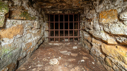 Ancient Dungeon Cell with Rusty Bars Surrounded by Weathered Stone Walls and Shadows