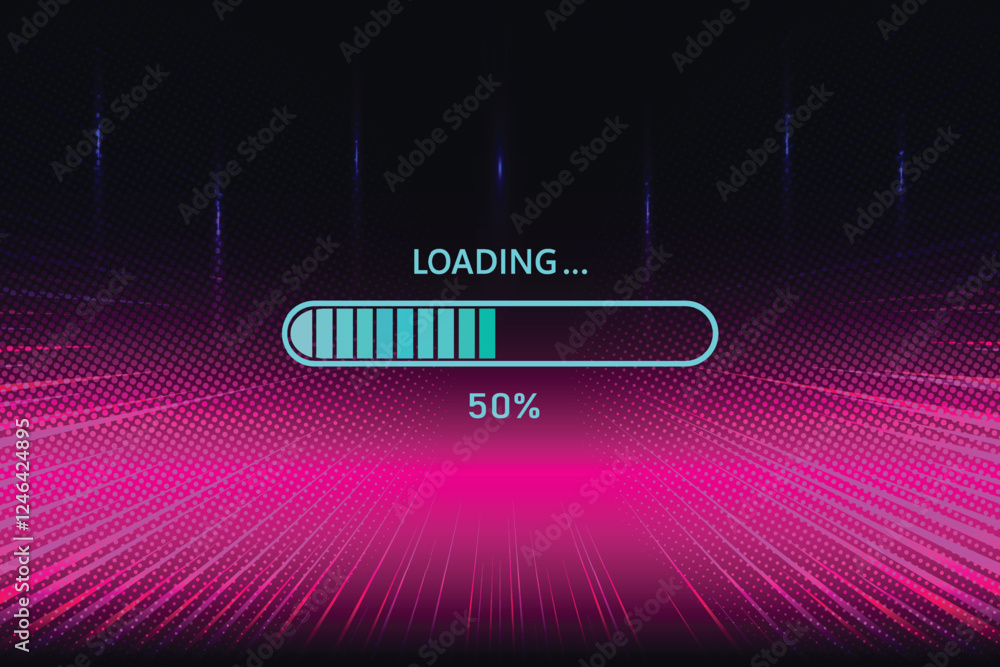 Poster 50% progress loading bar on retro futurism sci-fi background. glowing neon grid. and stars from vint