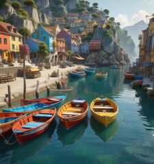 Fototapeta premium Seaside village with colorful boats docked in the harbor, nautical scene, boat