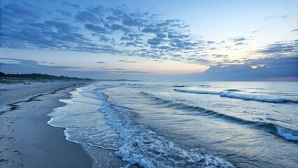 Seaside at dawn with soft blue gradient and gentle waves, soft blue gradient, morning sunrise