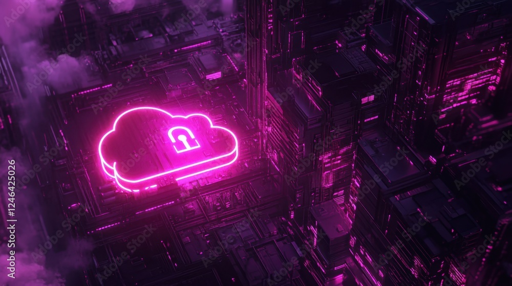 Poster a cloud security lock icon glowing over a futuristic tech network background.