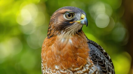 Close-up portrait of a hawk perched against a blurred green background, showcasing its features