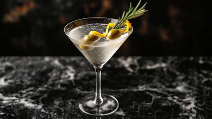 Indulge in the timeless charm of a classic dry martini, adorned with succulent green olives, a twist of zesty lemon peel, and a sprig of aromatic rosemary. Set against an enigmatic black backdrop