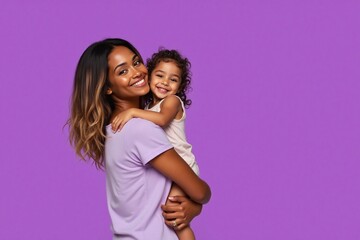 woman and young child embracing against solid purple background