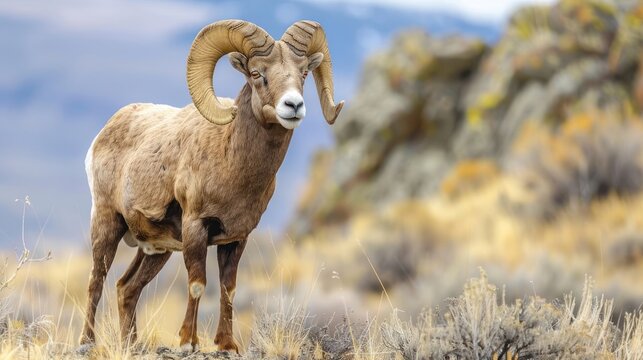 Majestic bighorn sheep standing in a rugged landscape with mountains in the background