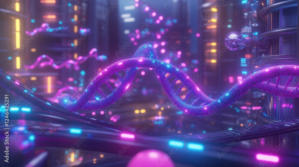 Aufkleber a colorful d-rendered dna helix floating in a high-tech biotechnology research setting.