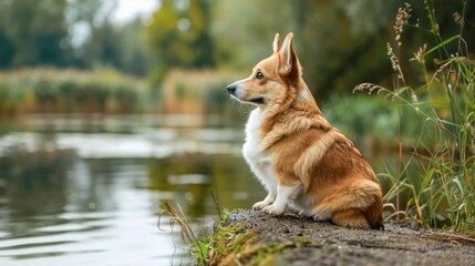 A contemplative corgi sitting by a serene lake, surrounded by lush greenery and gentle ripples