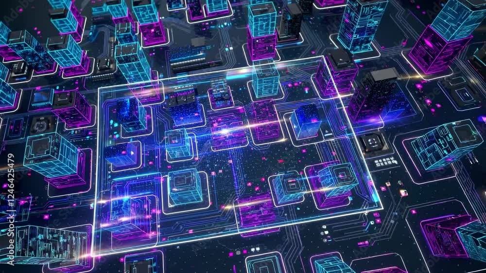 Aufkleber exploring a vibrant, futuristic cityscape with neon lights and digital architecture