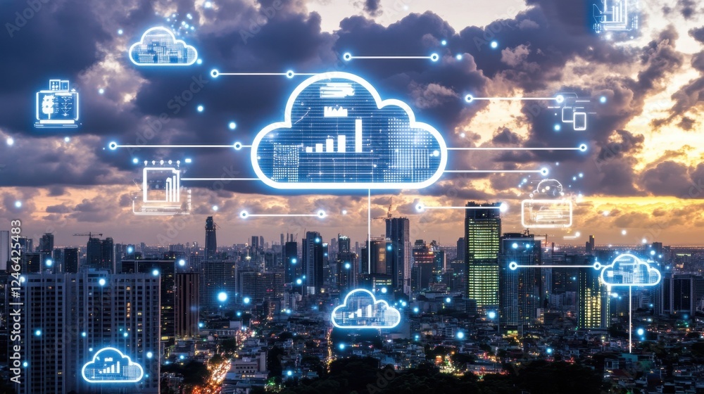Aufkleber a conceptual futuristic data-driven cloud business infrastructure glowing in a cyber environment.