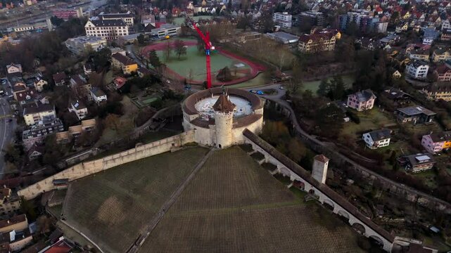 Fort Munot, Schaffhausen, Switzerland aerial view in winter warm weather at dawn. Munot ist Zirkularfestung im Zentrum schweizerischen Stadt Schaffhausen auf Emmersberg in der Schweiz Luftaufnahme. 