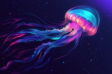 Fototapeta premium A glowing jellyfish in deep ocean blue, purple, and pink