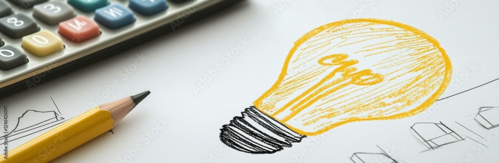 Poster a bright yellow light bulb illustration on a sketchpad surrounded by a calculator and pencil, symbol