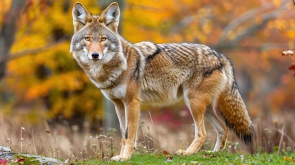 Fototapeta premium Coyote standing in a vibrant autumn forest, showcasing natural beauty and wildlife