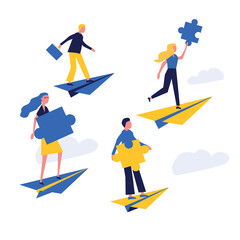 Business concept. Flat illustration. Team metaphor. People hold a large light bulb symbolizing a creative idea. People connect puzzle elements. Teamwork, collaboration, partnership.
