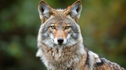 Fototapeta premium Close-up of a wild coyote gazing intently with a blurred green background, showcasing its natural habitat