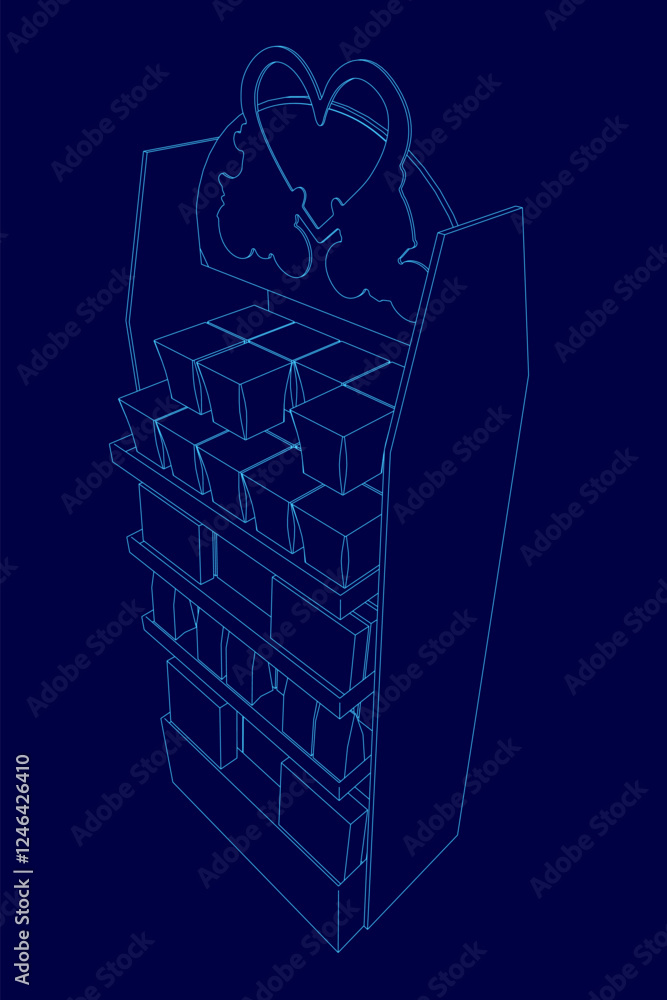 Poster a blue image of a display case with a heart on it. the display case is filled with small boxes and h