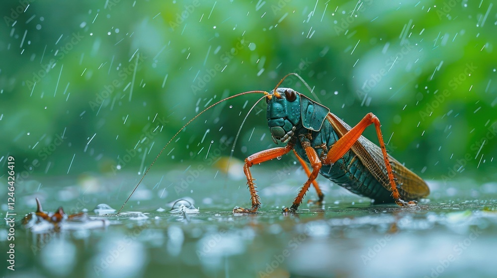 Poster close-up of a grasshopper in the rain on a wet surface with blurred greenery in the background