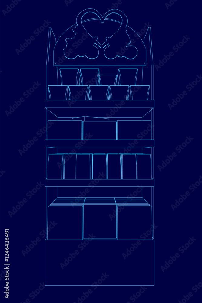 Poster a blue drawing of a tall shelf with a heart on it. the shelf is filled with many items, including a 