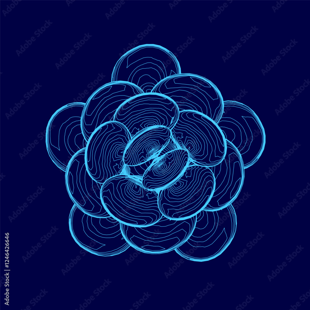 Poster a blue flower made of circles. the circles are all different sizes and are arranged in a spiral patt
