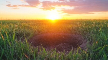 Fototapeta premium Sunset Over Grassland Hole Animal Burrow Dusk Light