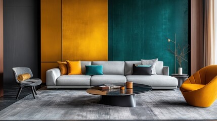 A modern living room with shades of gray, teal, and mustard yellow