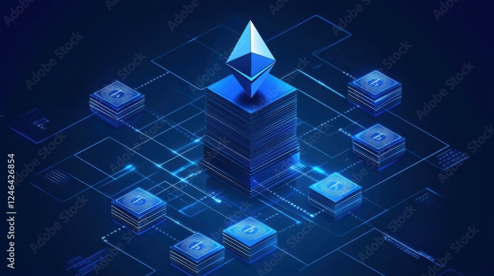 Poster a cyber-futuristic economy powered by blockchain, visualized with a glowing decentralized network.