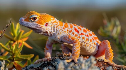 Obraz premium Colorful gecko perched on a rock amidst vibrant foliage, with a blurred natural background