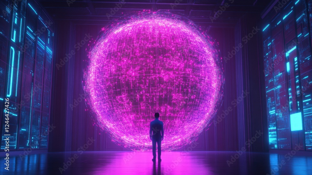 Poster a cyber intelligence ai scanning for digital threats with futuristic glowing analytics.