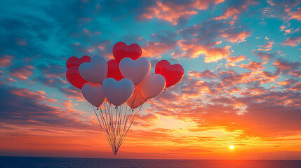 Fototapeta premium Heart-shaped balloons against a sunset sky