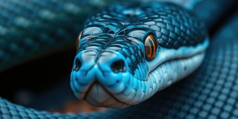 Fototapeta premium Snake's closeup face with a blue viper snake, sharp teeth, snake species identification
