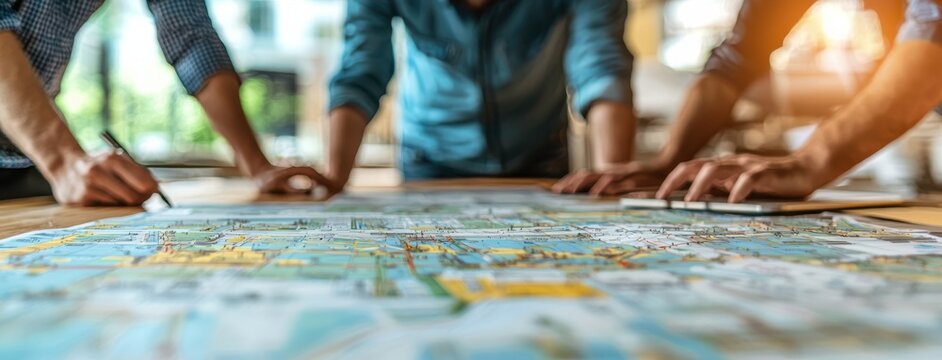 Planning freight transportation session with detailed map, showcasing collaboration and strategy. focus is on logistics and route optimization