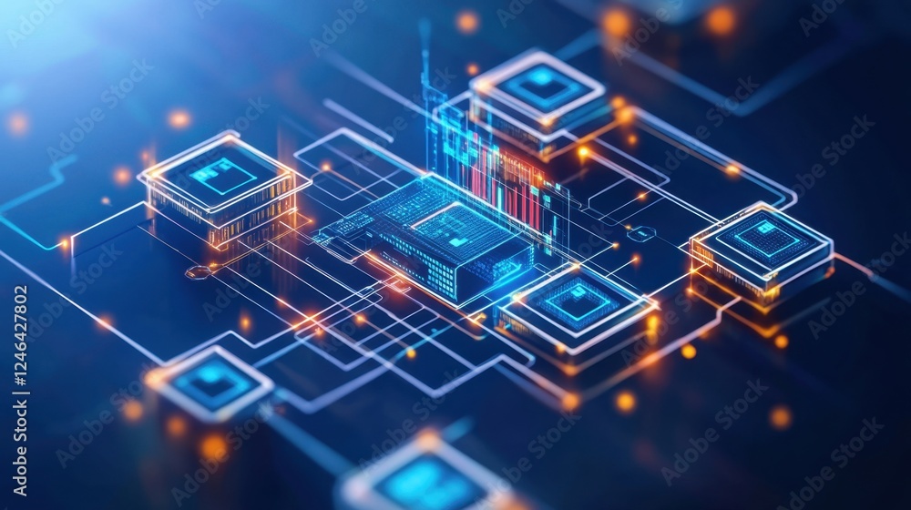 Poster a decentralized finance defi system powered by blockchain with glowing transaction nodes.