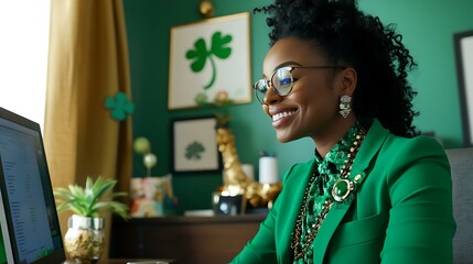 African American businesswoman on a video call, home office with St. Patrickâ€™s Day virtual backdrop, wearing green