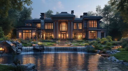 Obraz premium Luxury Mansion by the Waterfall at Dusk