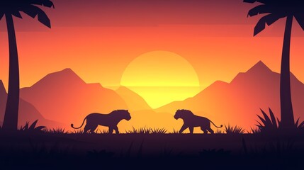 Fototapeta premium Sunset Silhouette Lions African Savannah Landscape