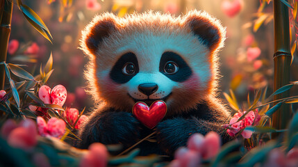 Panda holding a heart in its hands