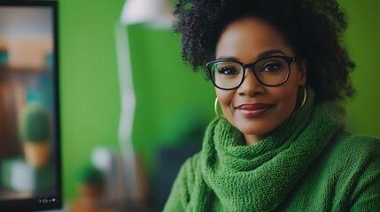 African American woman attending a virtual business meeting, green-themed virtual backdrop for St. Patrickâ€™s Day celebration, wearing a green scarf