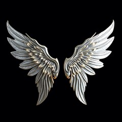Obraz premium Intricately detailed silver wings with a metallic sheen, glowing softly against a deep navy-blue background.