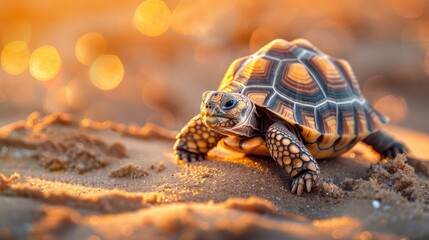 Fototapeta premium Close-up of a tortoise walking on sandy beach during sunset with glowing bokeh background
